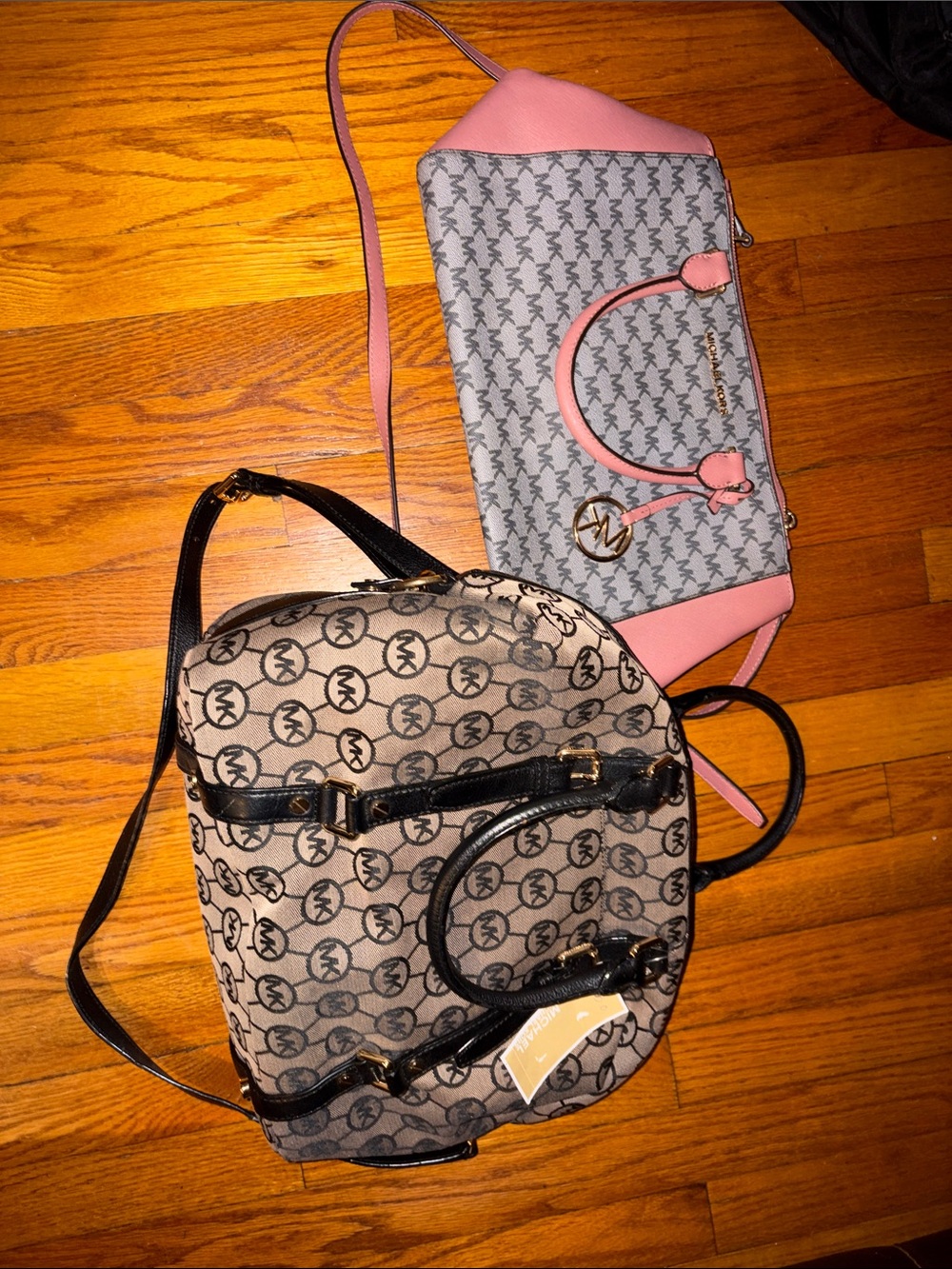 Michael Kors Pink and Gray Logo Crossbody with Black-Trim Logo Backpack Set